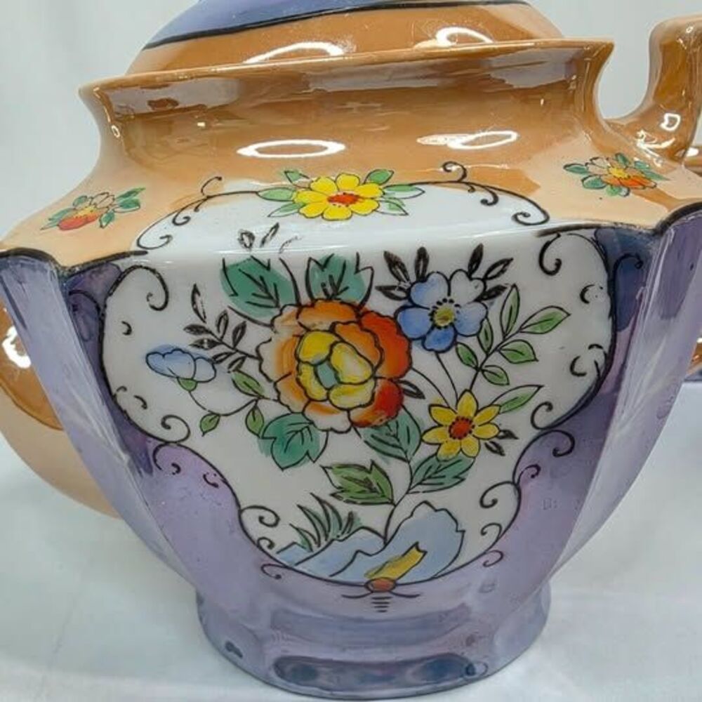 Vintage Takito Japan Lusterware Tea Set | 3 Pc Peach Blue Floral | 1920s-1940s - Picture 5 of 10